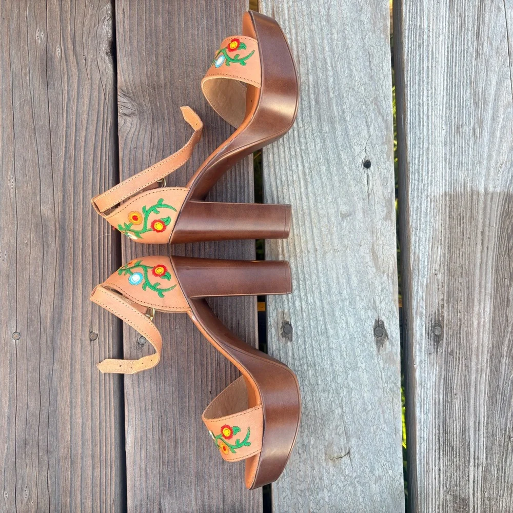 Tan Floral Embroidered Women's Heels - Picture 4 of 9